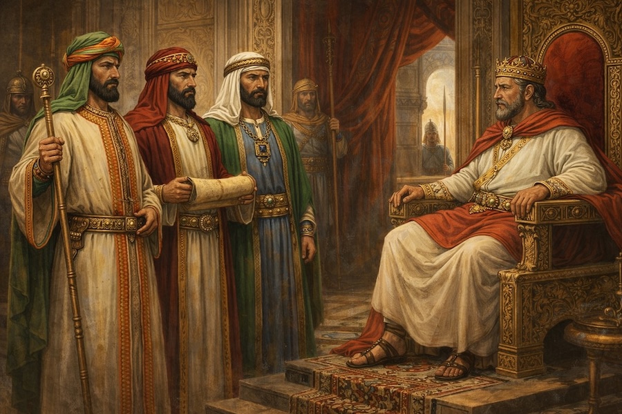 Nabataean dignitaries standing before Herod the Great in his throne room