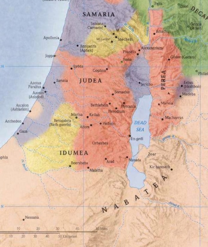 Map showing Judea, Samaria, Idumea, and Nabataea in the first century