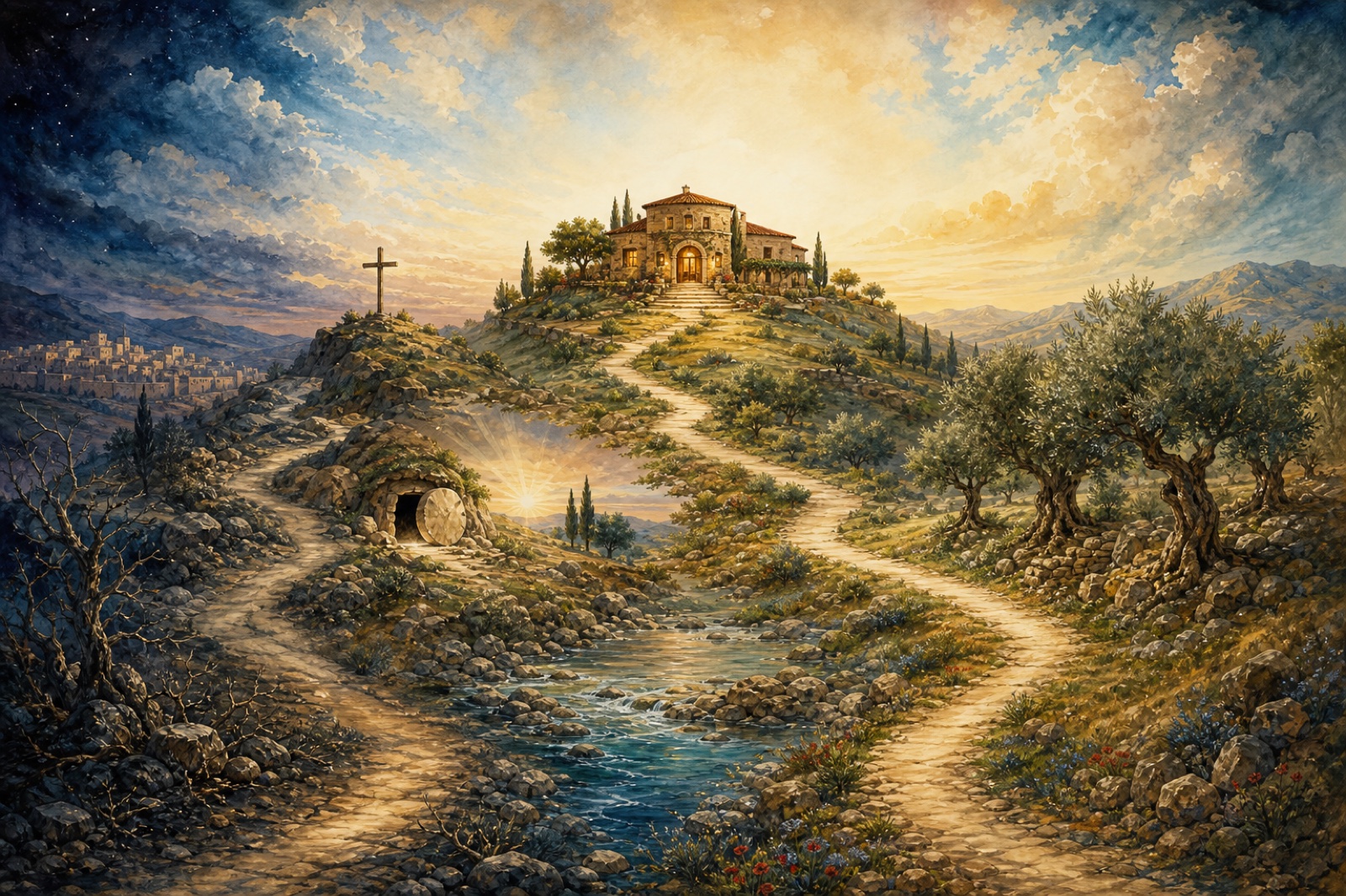 A visual journey from a dark and barren landscape toward the cross, the empty tomb, and a welcoming home in the light